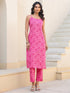 Janasya Women's Pink Pure Cotton Floral Printed Straight Kurta Pant Set